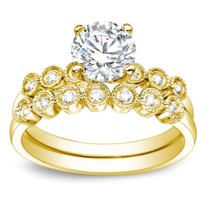Auriya 14k Gold Vintage 3ct Round Moissanite Engagement Ring Set with Diamond Accents