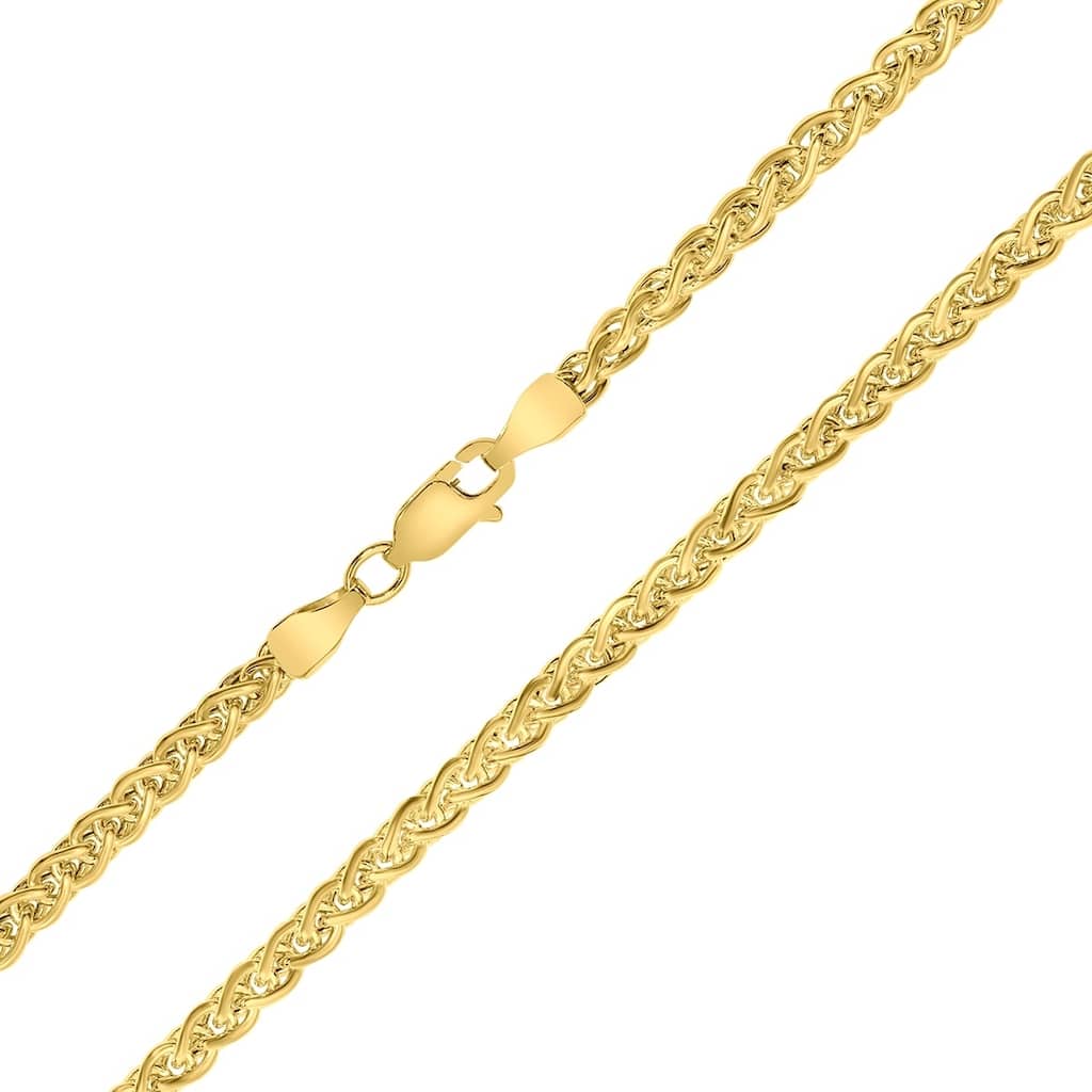 14K Yellow Gold 3.3mm Shiny Hollow Wheat Chain with Lobster Clasp - 18 Inch
