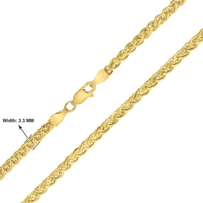 14K Yellow Gold 3.3mm Shiny Hollow Wheat Chain with Lobster Clasp - 18 Inch