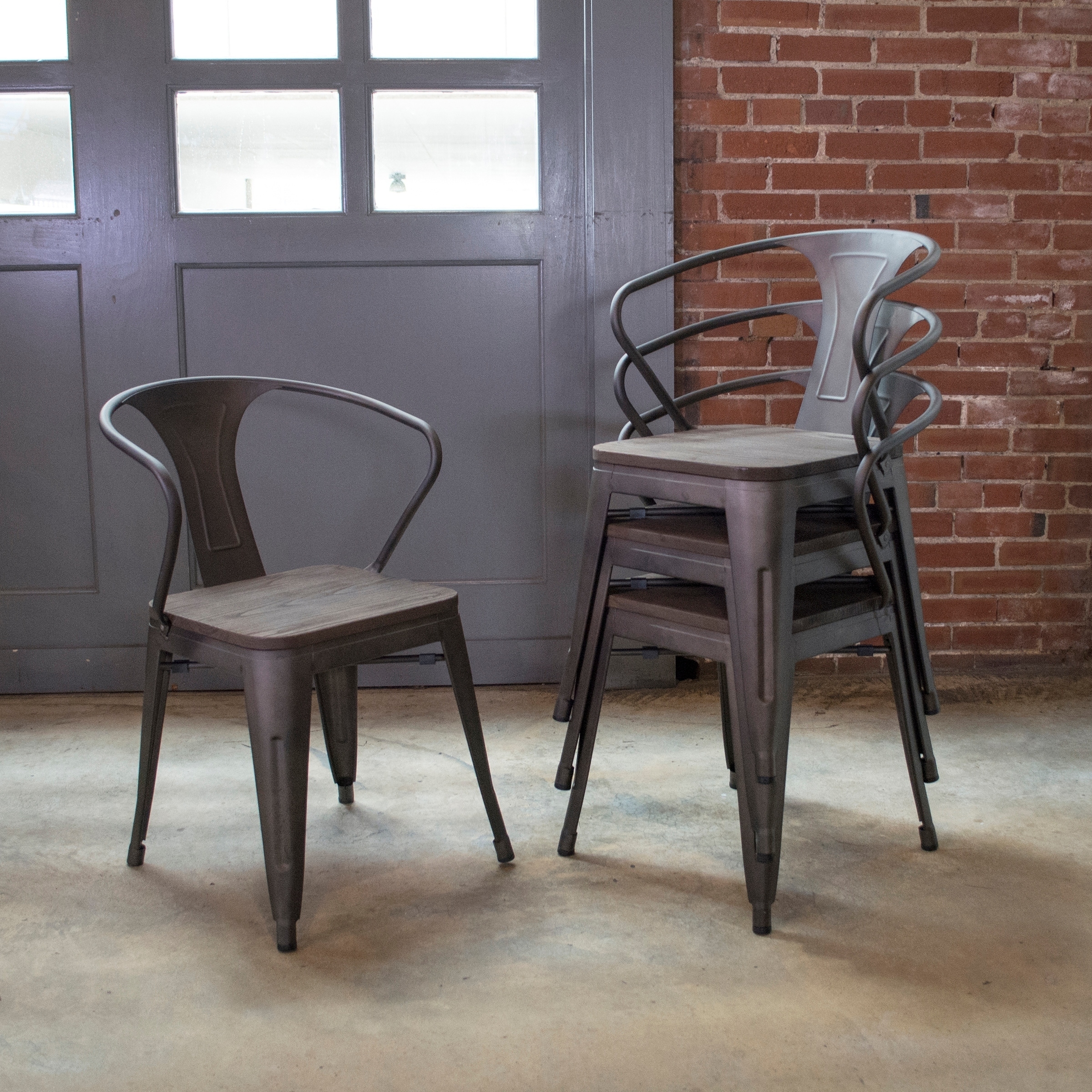 AmeriHome Loft Rustic Gunmetal Metal Dining Chair w/ Wood Seat-