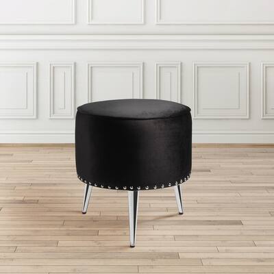 Modern Round Black Velvet Upholstered Nailhead Foot Stool Ottoman