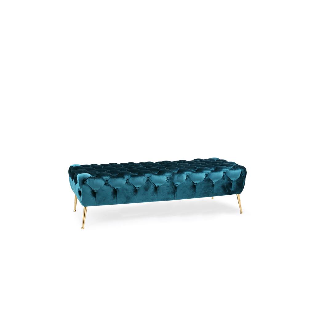 Nitro Tufted Teal Blue Velvet Bench with Gold Legs