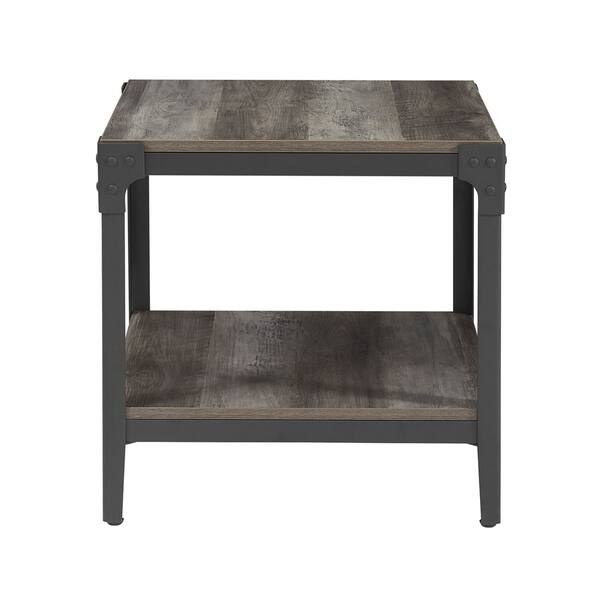 WE Furniture Angle Iron Rustic Wood End Table, Set of 2 Grey Wash