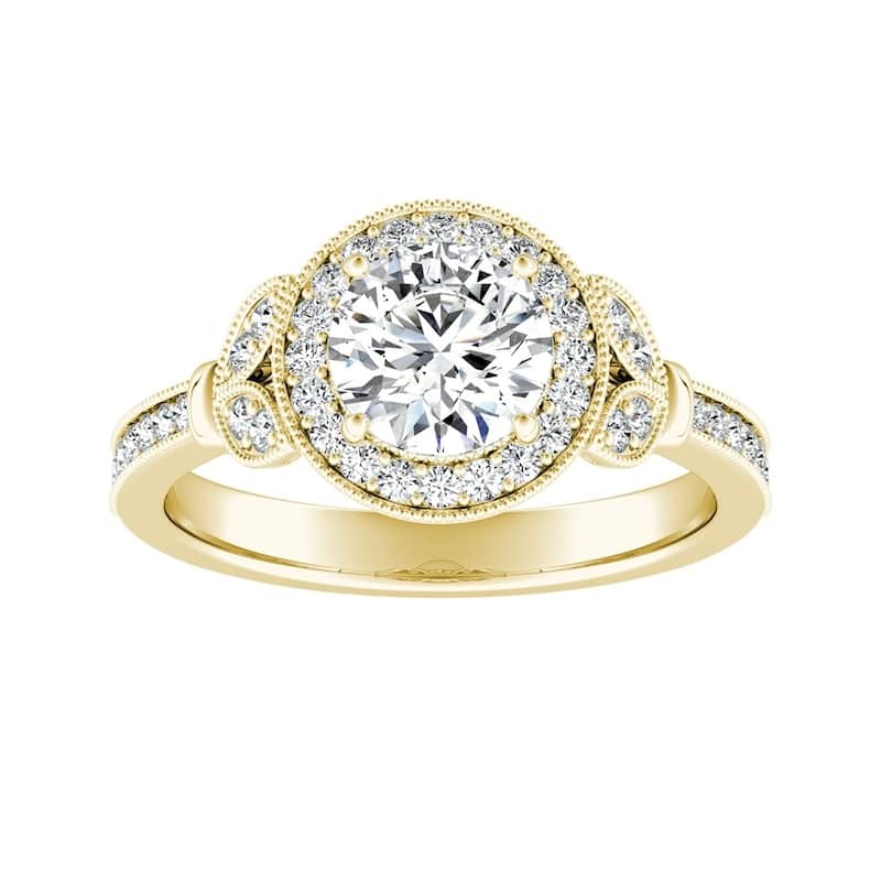 Auriya Vintage Floret 1 1/2ct Moissanite and 1/4ctw Halo Diamond Engagement Ring 14k Gold
