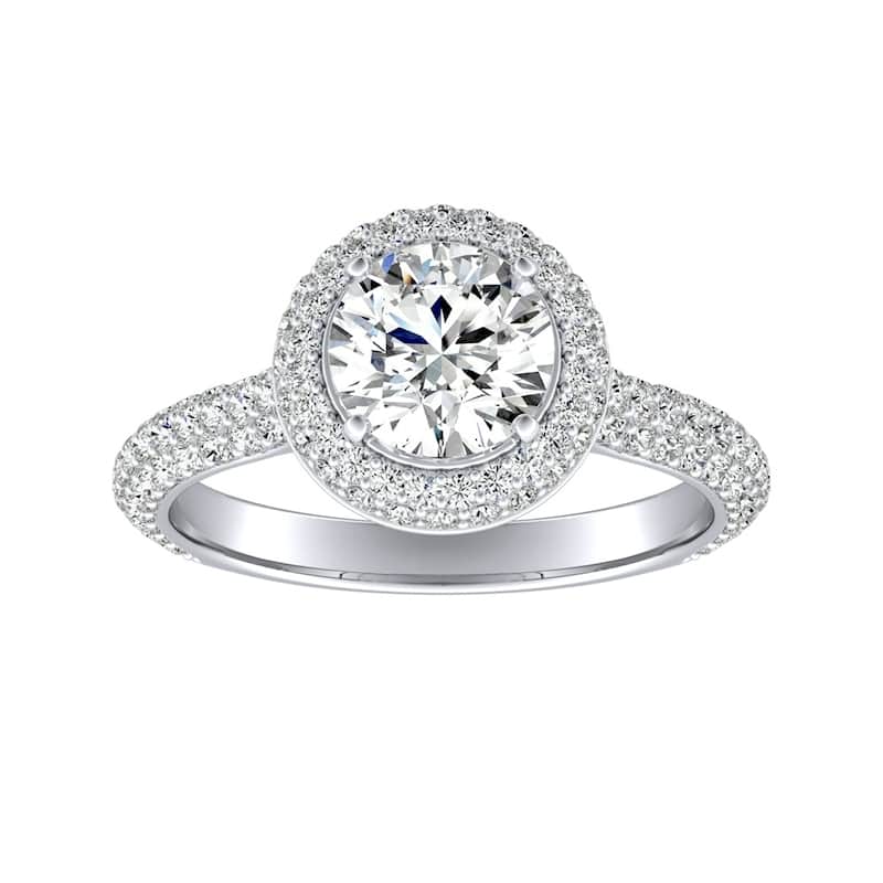 Auriya 14k Gold Double Edged 4ct Moissanite and 3/4ctw Pave Halo Diamond Engagement Ring