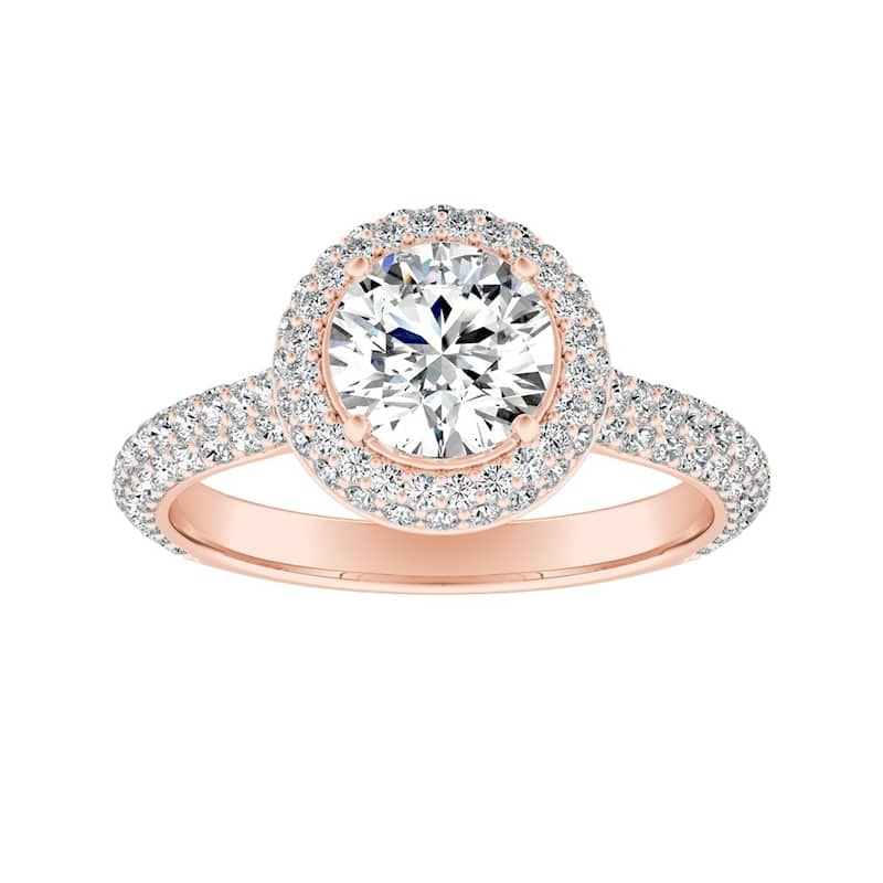 Auriya Double Edged 1 1/2ct Moissanite and 3/4ctw Pave Halo Diamond Engagement Ring 14k Gold