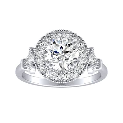 Auriya Vintage 1/2ct Round Moissanite and 1/3ctw Halo Diamond Engagement Ring 14k Gold