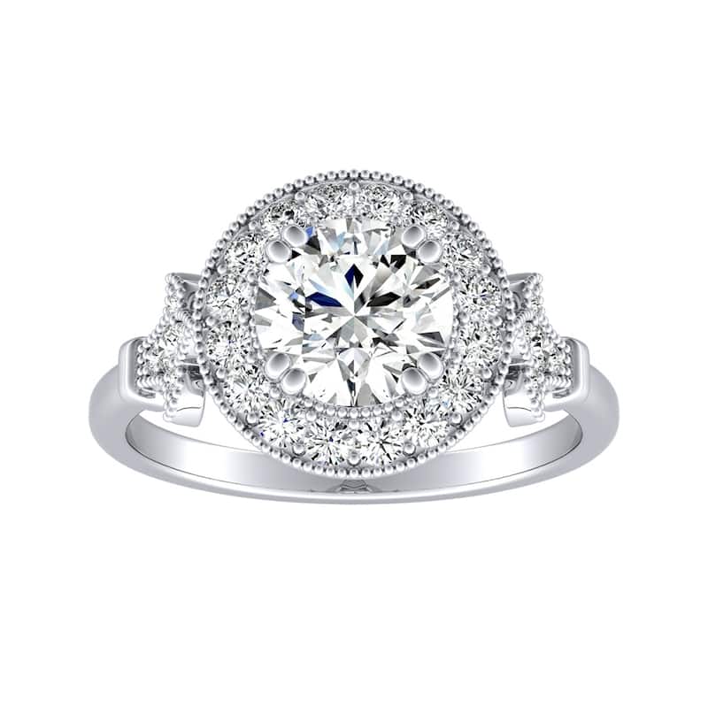Auriya Vintage 1 1/2ct Round Moissanite and 1/3ctw Halo Diamond Engagement Ring 14k Gold