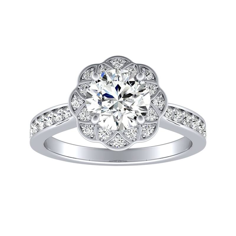 Auriya 14k Gold Vintage 3ct Round Moissanite and 1/3ctw Halo Diamond Engagement Ring