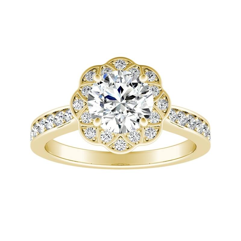 Auriya Vintage 1ct Round Moissanite and 1/3ctw Halo Diamond Engagement Ring 14K Gold
