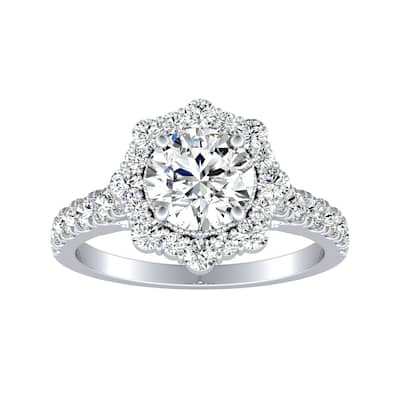 Auriya 14k Gold Vintage Round 4ct Moissanite and 3/4ctw Halo Diamond Engagement Ring
