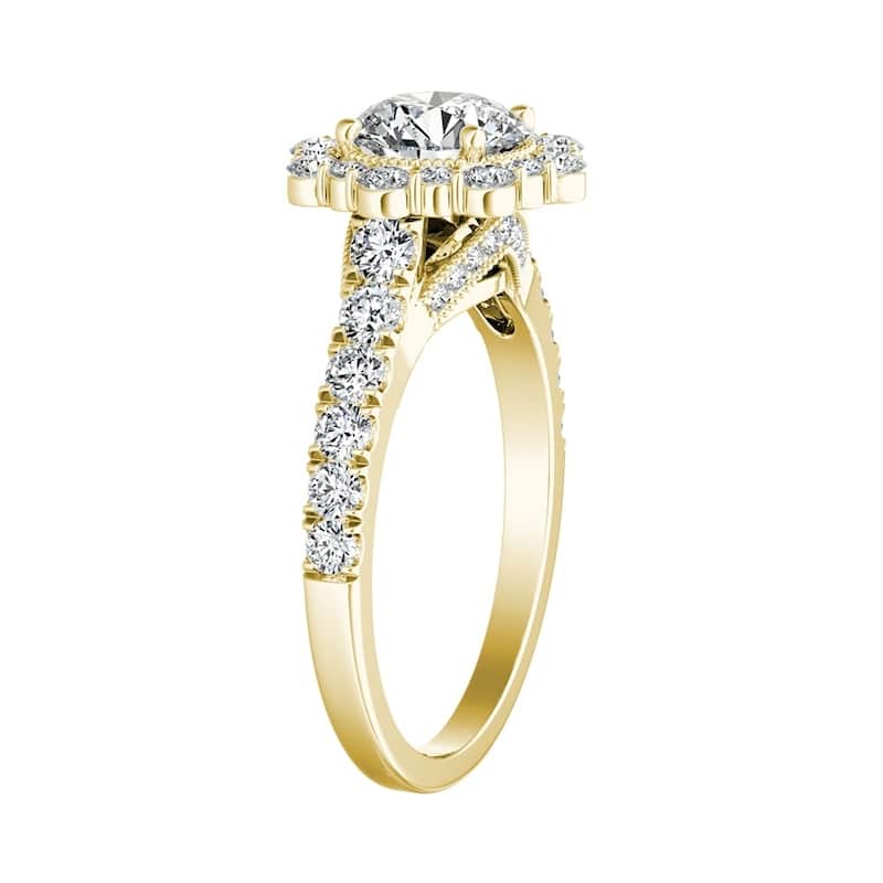 Auriya 14k Gold Vintage Round 4ct Moissanite and 3/4ctw Halo Diamond Engagement Ring