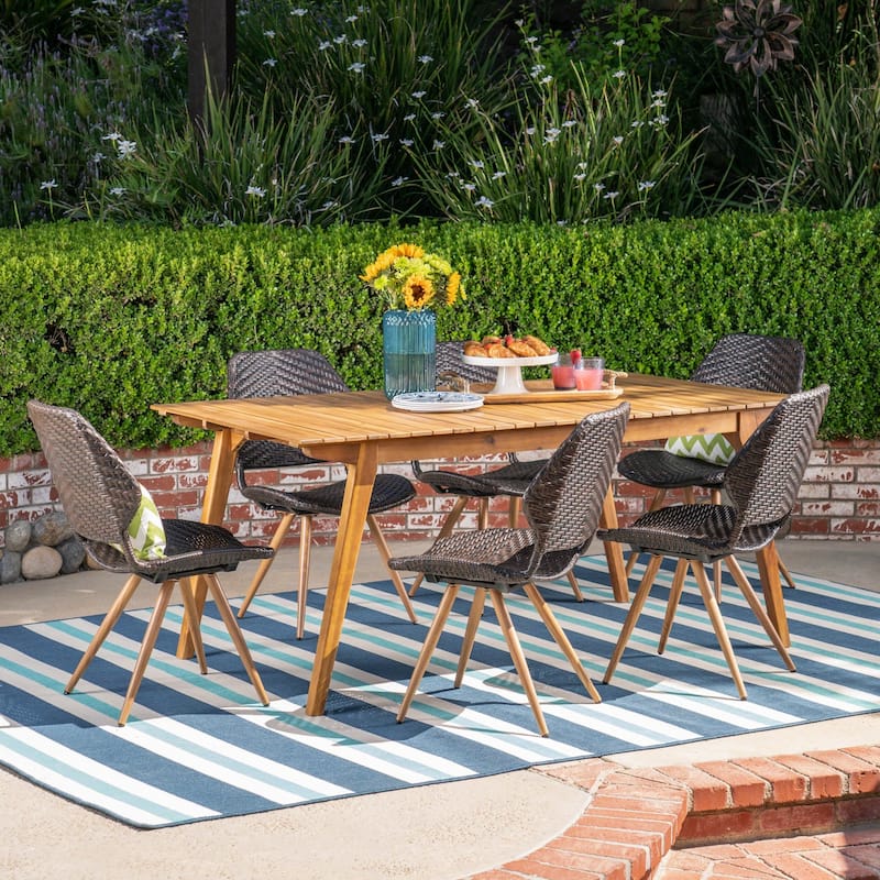 Dalupiri Outdoor 7 Piece Acacia Wood and Wicker Dining Set by Christopher Knight Home