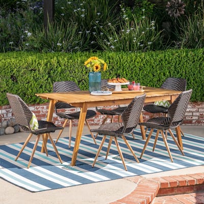 Dalupiri Outdoor 7 Piece Acacia Wood and Wicker Dining Set by Christopher Knight Home