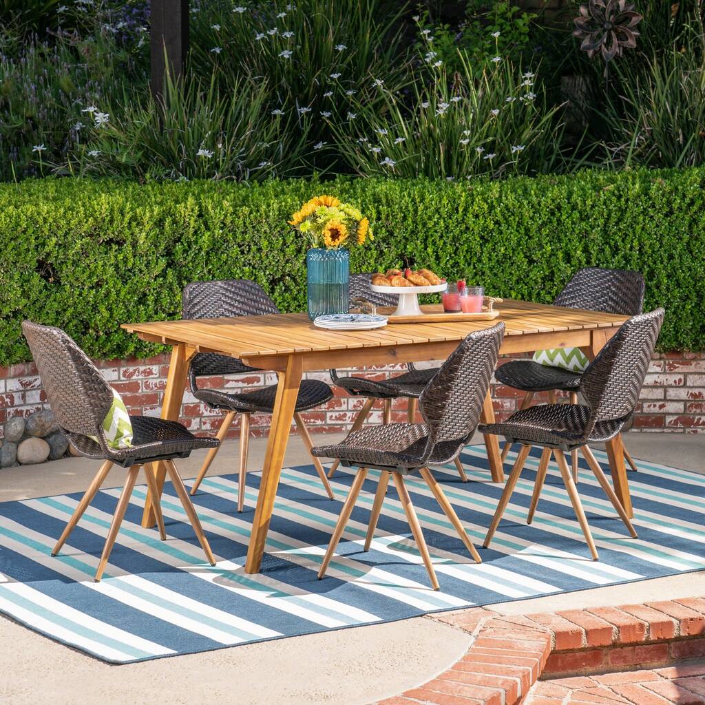 Dalupiri Outdoor 7 Piece Acacia Wood and Wicker Dining Set by Christopher Knight Home
