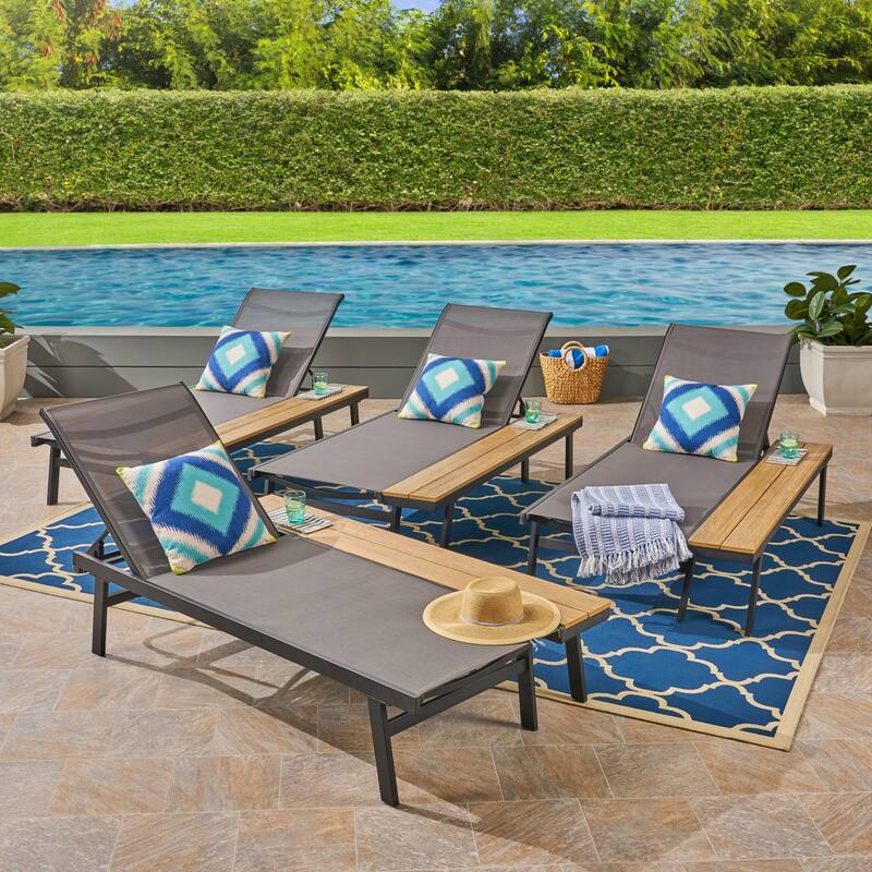 Waterloo Outdoor Mesh and Aluminum Chaise Lounge with Side Table (Set of 4) by Christopher Knight Home