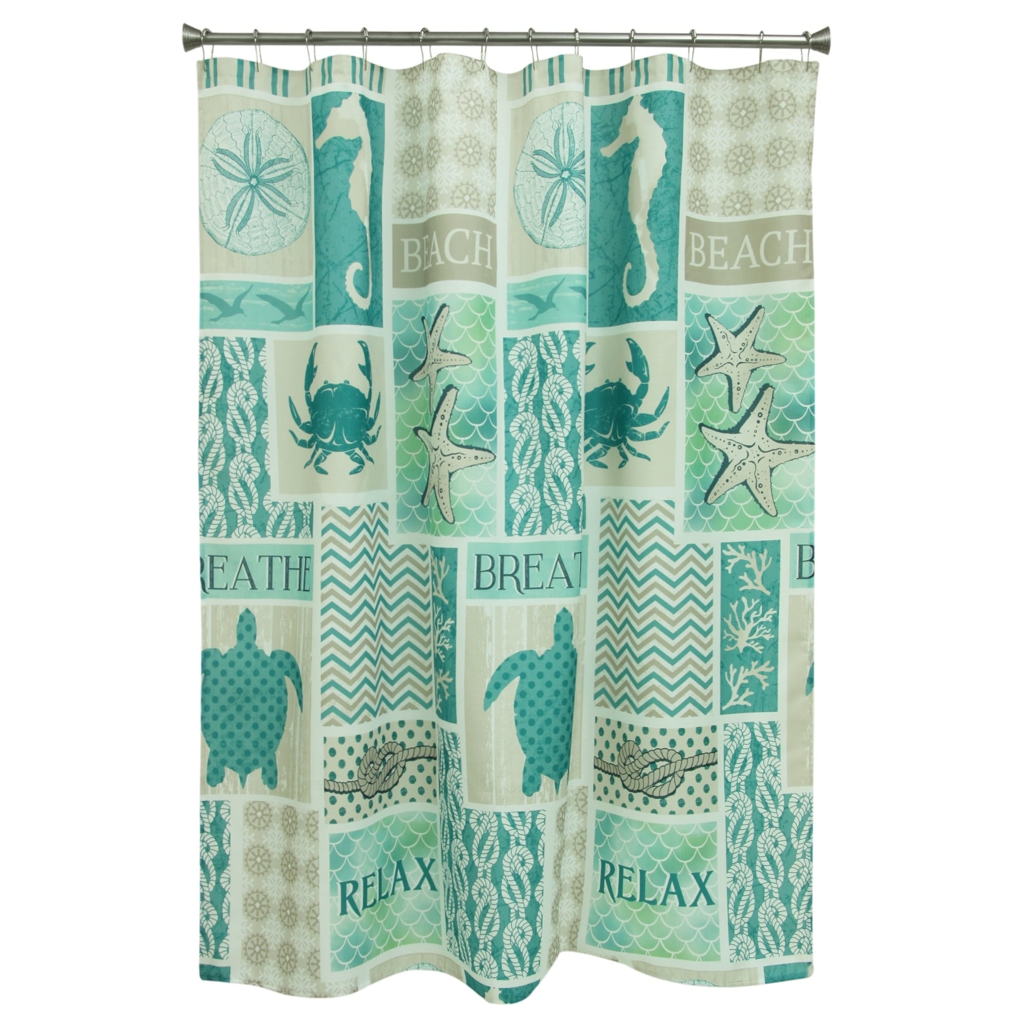 green and tan shower curtain