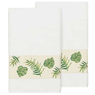 Authentic Hotel and Spa Turkish Cotton Palm Fronds Embroidered White 2-piece Bath Towel Set