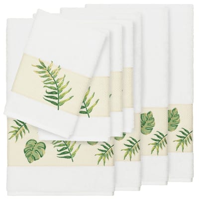 Authentic Hotel and Spa Turkish Cotton Palm Fronds Embroidered White 8-piece Towel Set