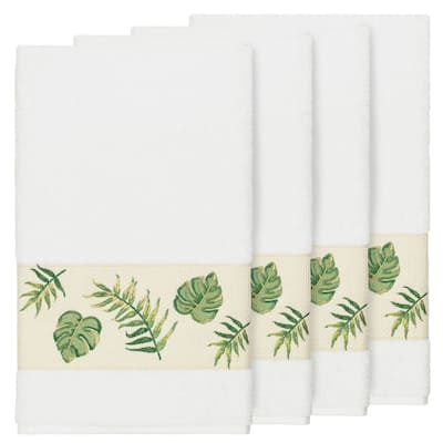 Authentic Hotel and Spa Turkish Cotton Palm Fronds Embroidered White 4-piece Bath Towel Set