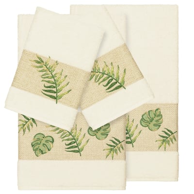 Authentic Hotel and Spa Turkish Cotton Palm Fronds Embroidered Cream 4-piece Towel Set