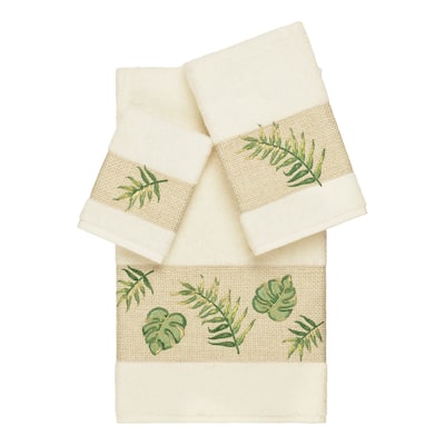 Authentic Hotel and Spa Turkish Cotton Palm Fronds Embroidered Cream 3-piece Towel Set