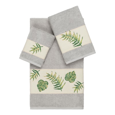 Authentic Hotel and Spa Turkish Cotton Palm Fronds Embroidered Light Grey 3-piece Towel Set