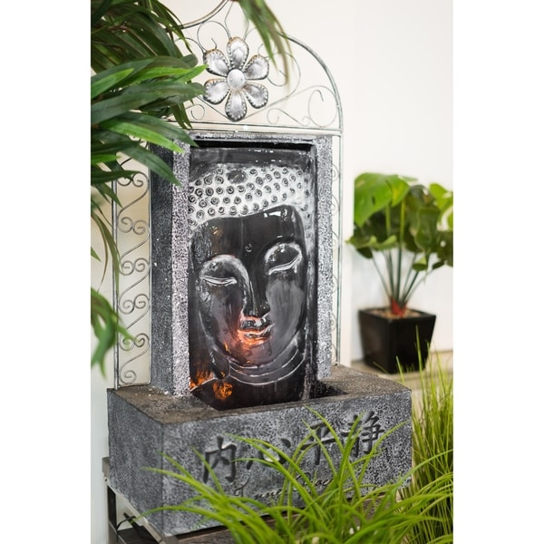 Obreeze Illuminated Face of Buddha Waterfall Tabletop Fountain, 35 Inches Tall