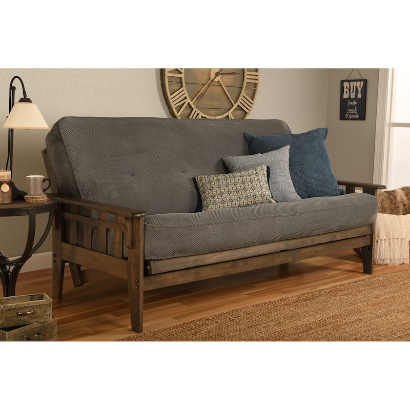 Somette Tucson Full Size Futon Set in Rustic Walnut Finish with Mattress - Marmont Thunder