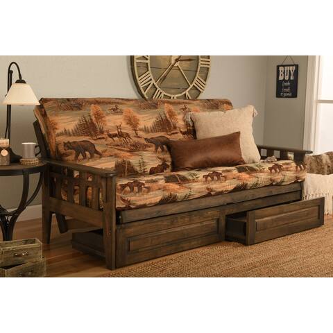 Somette Tucson Full Size Futon Set in Rustic Walnut Finish with Storage Drawers and Mattress