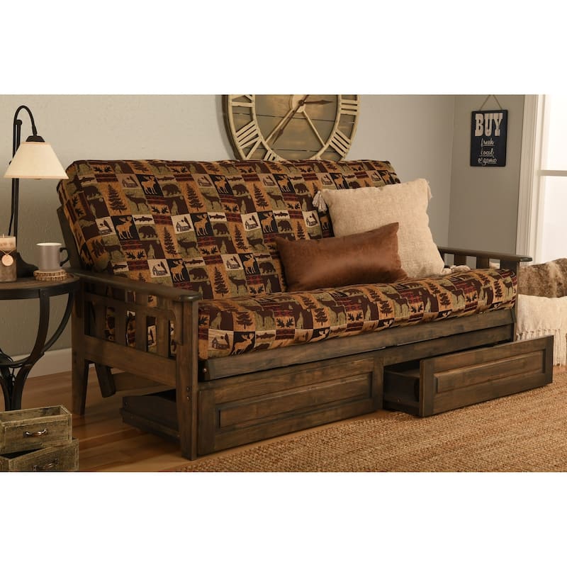 Somette Tucson Full Size Futon Set in Rustic Walnut Finish with Storage Drawers and Mattress