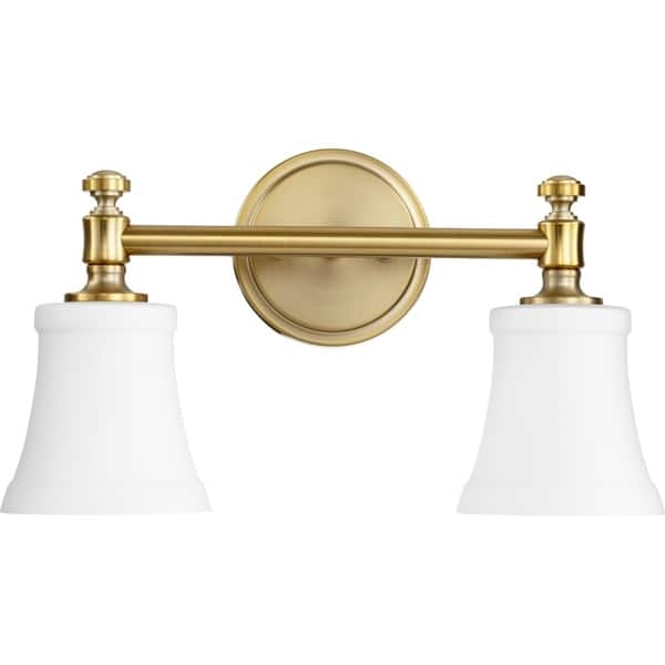 slide 1 of 1, Rossington Aged Brass and Satin Opal 2-light Vanity Lighting