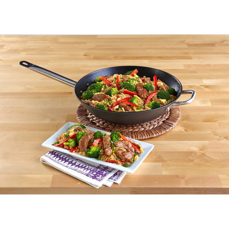 IMUSA Light Cast Iron Pre-seasoned Wok with Stainless Steel Handle 14-Inch, Black