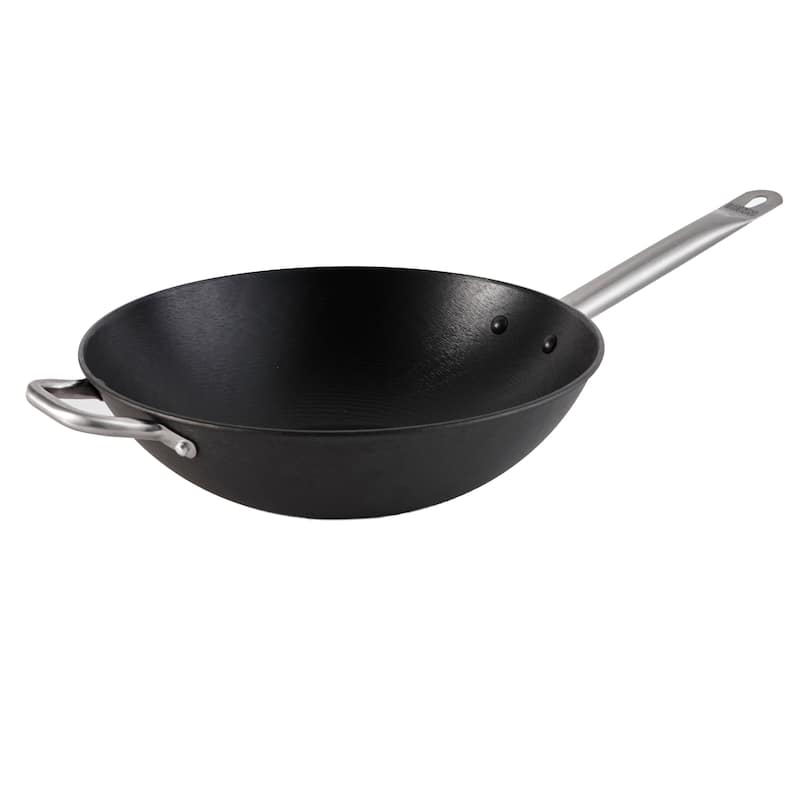 IMUSA Light Cast Iron Pre-seasoned Wok with Stainless Steel Handle 14-Inch, Black