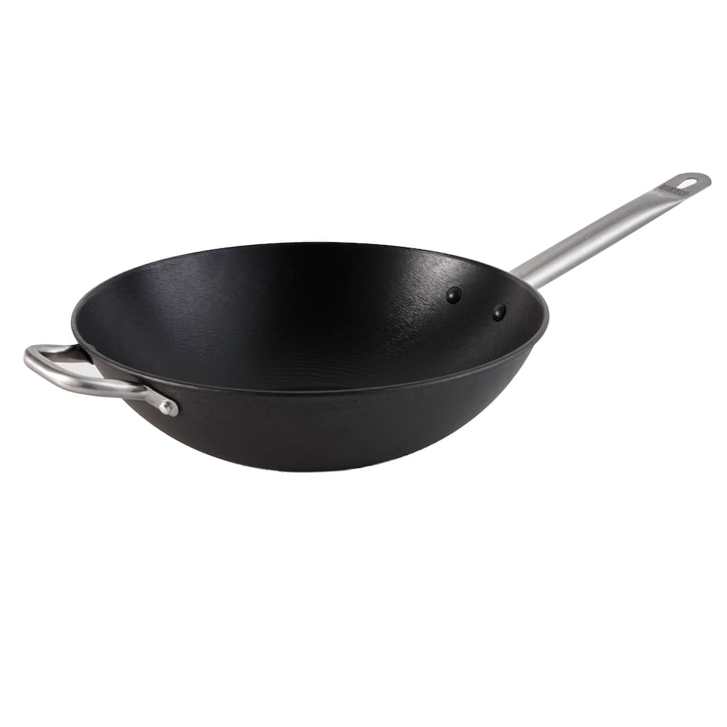 IMUSA Light Cast Iron Pre-seasoned Wok with Stainless Steel Handle 14-Inch, Black