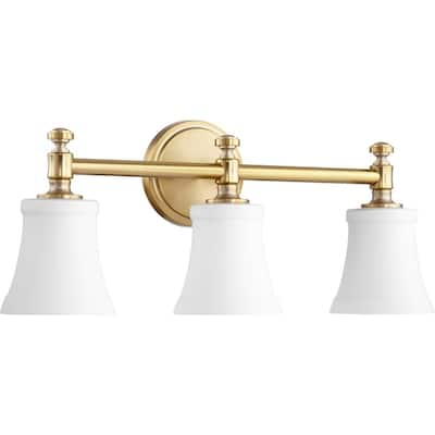 Rossington Aged Brass and Satin Opal 3-light Vanity Lighting