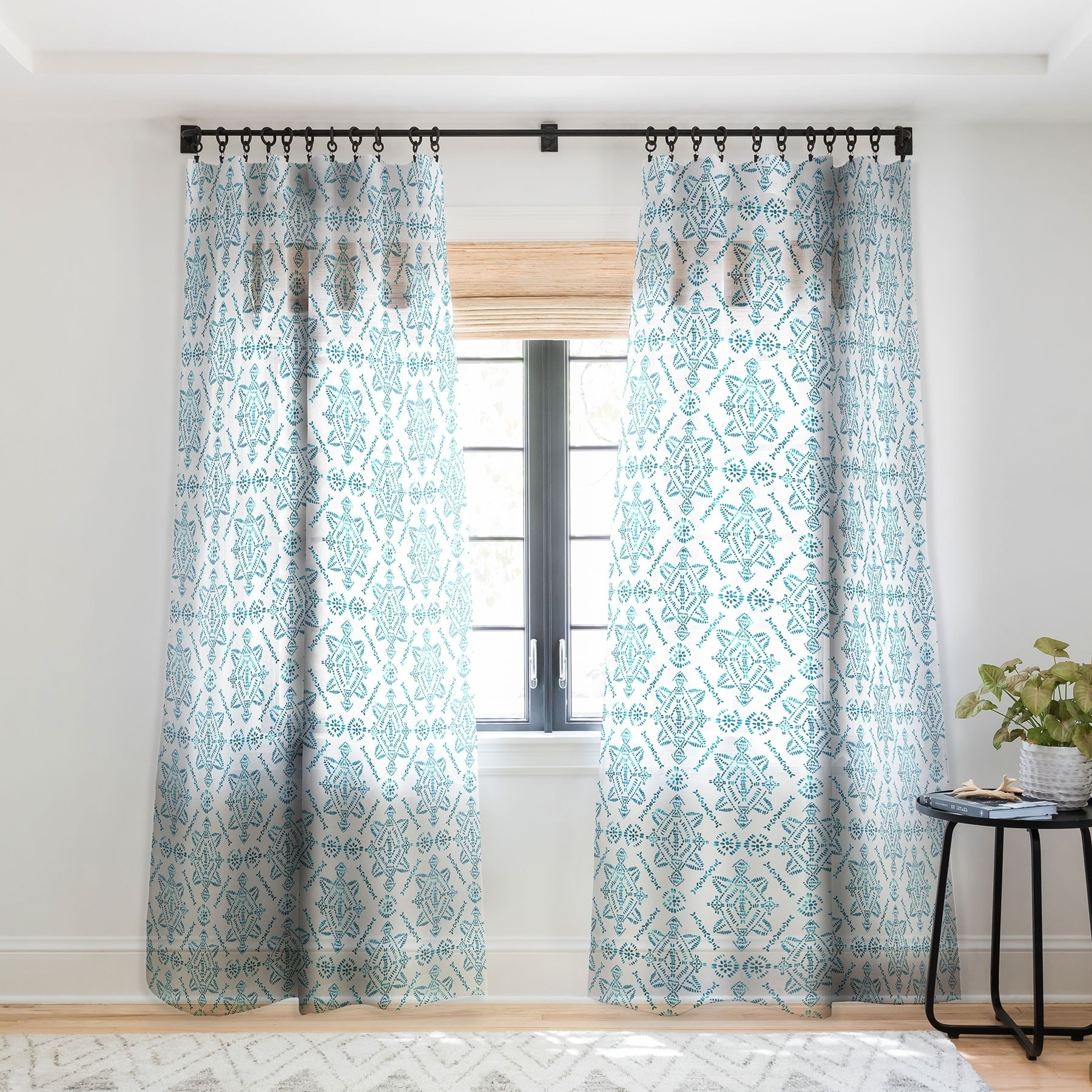 Schatzi Brown Reeve Pattern Aqua Single Panel Sheer Curtain 50 X