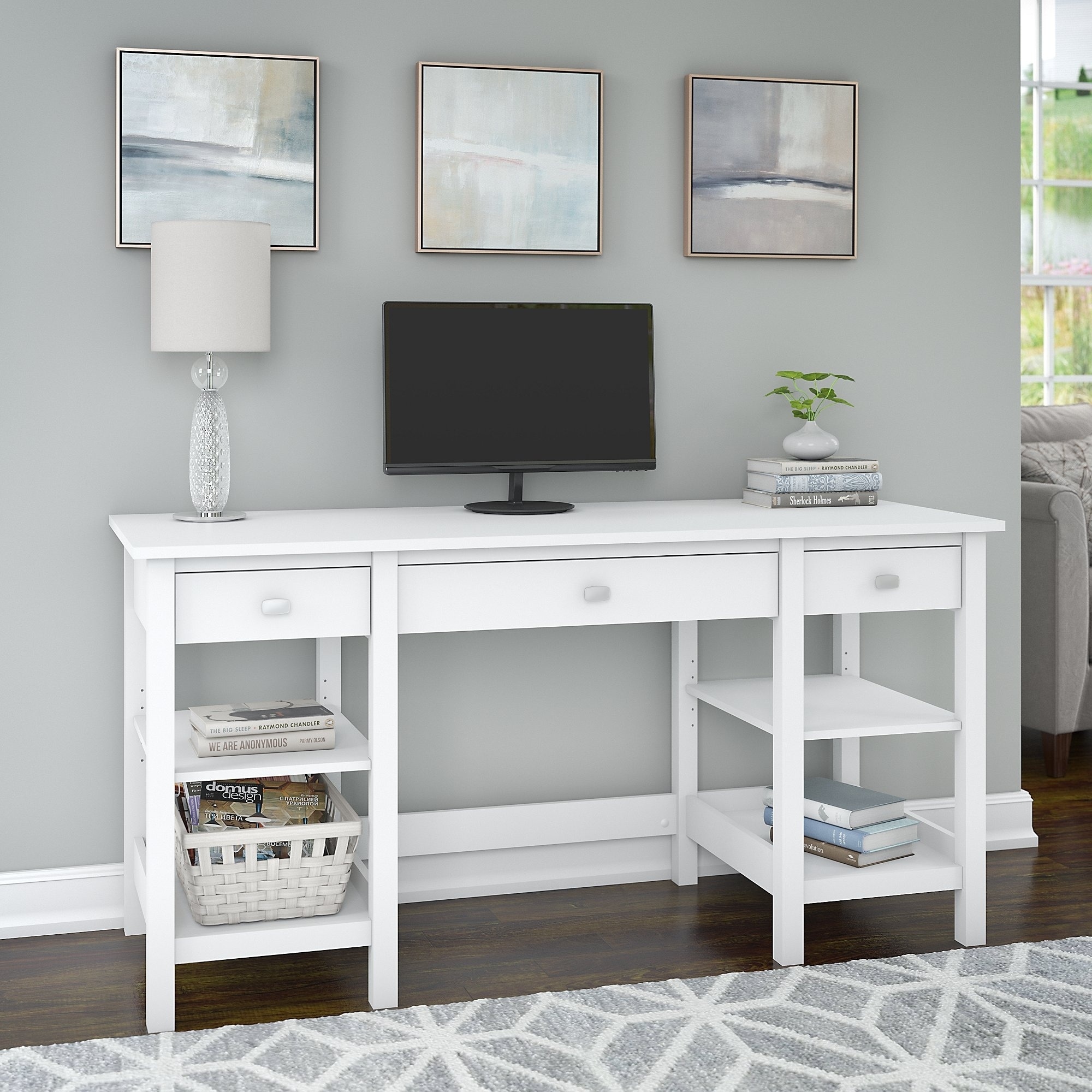 White Computer Desk with Shelves and Storage Bin 