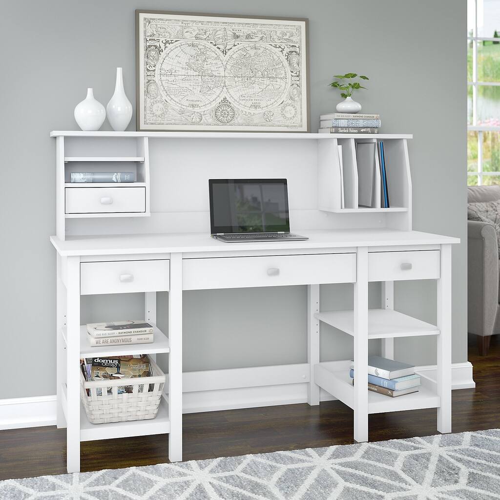 60-inch White Desk with Storage Shelves and Small Hutch Organizer