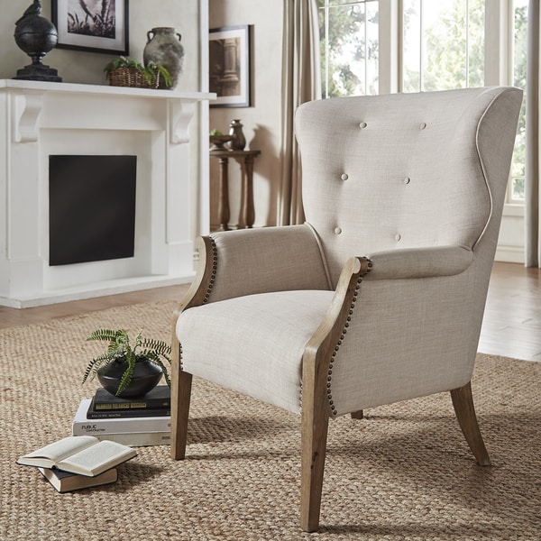 Shop Constantine Exposed Wood Tufted Beige Linen Wingback ...