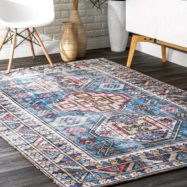 nuLOOM Blue Flatweave Handmade Bohemian Botanis Chenille Border Area Rug