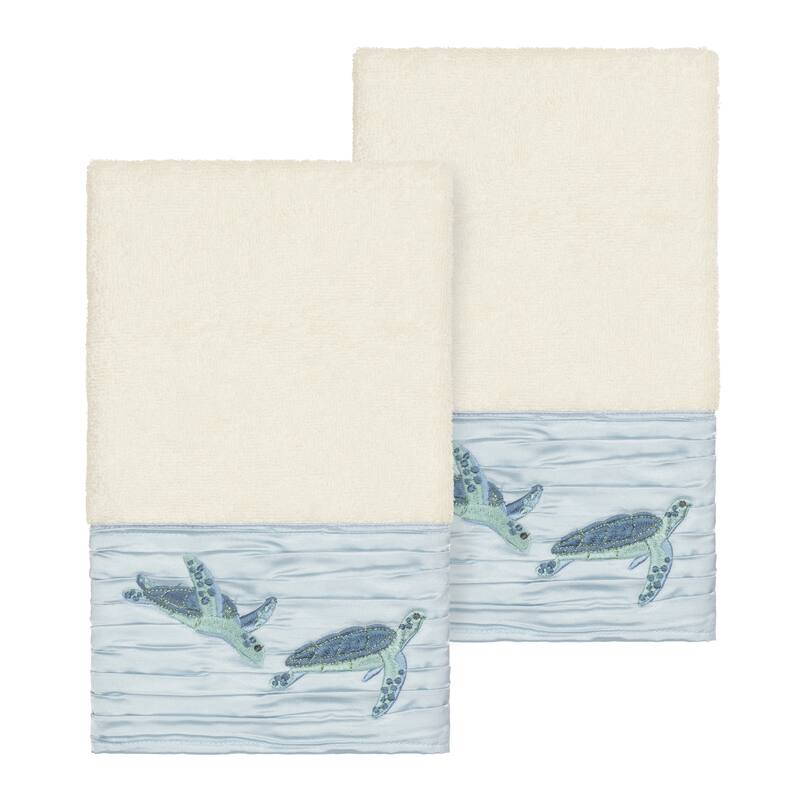 Authentic Hotel and Spa Turkish Cotton Turtles Embroidered Cream 2-piece Towel Hand Set