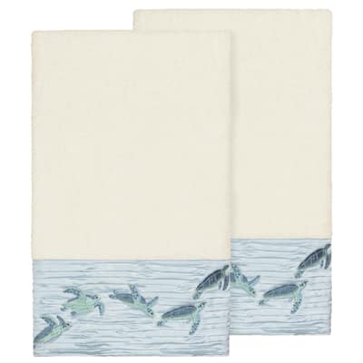 Authentic Hotel and Spa Turkish Cotton Turtles Embroidered Cream 2-piece Bath Towel Set