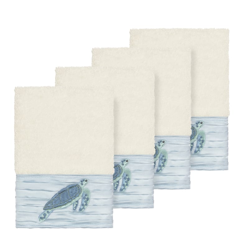 Authentic Hotel and Spa Turkish Cotton Turtles Embroidered Cream 4-piece Washcloth Set