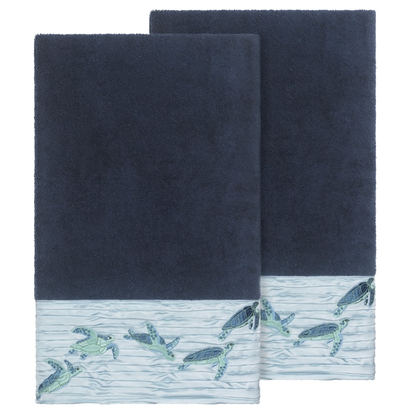 Authentic Hotel and Spa Turkish Cotton Turtles Embroidered Midnight Blue 2-piece Bath Towel Set