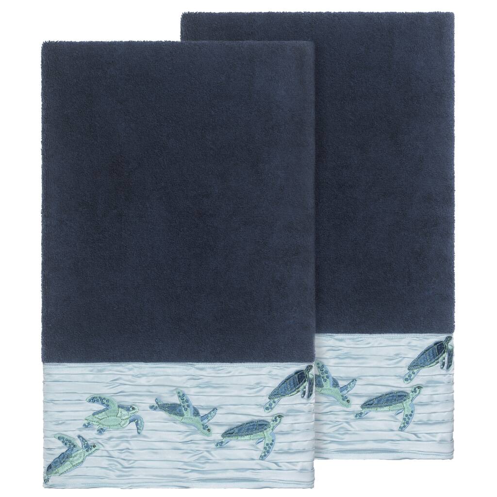 Authentic Hotel and Spa Turkish Cotton Turtles Embroidered Midnight Blue 2-piece Bath Towel Set