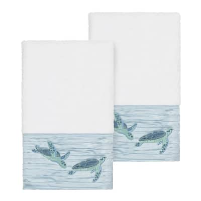 Authentic Hotel and Spa Turkish Cotton Turtles Embroidered White 2-piece Towel Hand Set