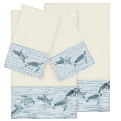 Authentic Hotel and Spa Turkish Cotton Turtles Embroidered Cream 4-piece Towel Set