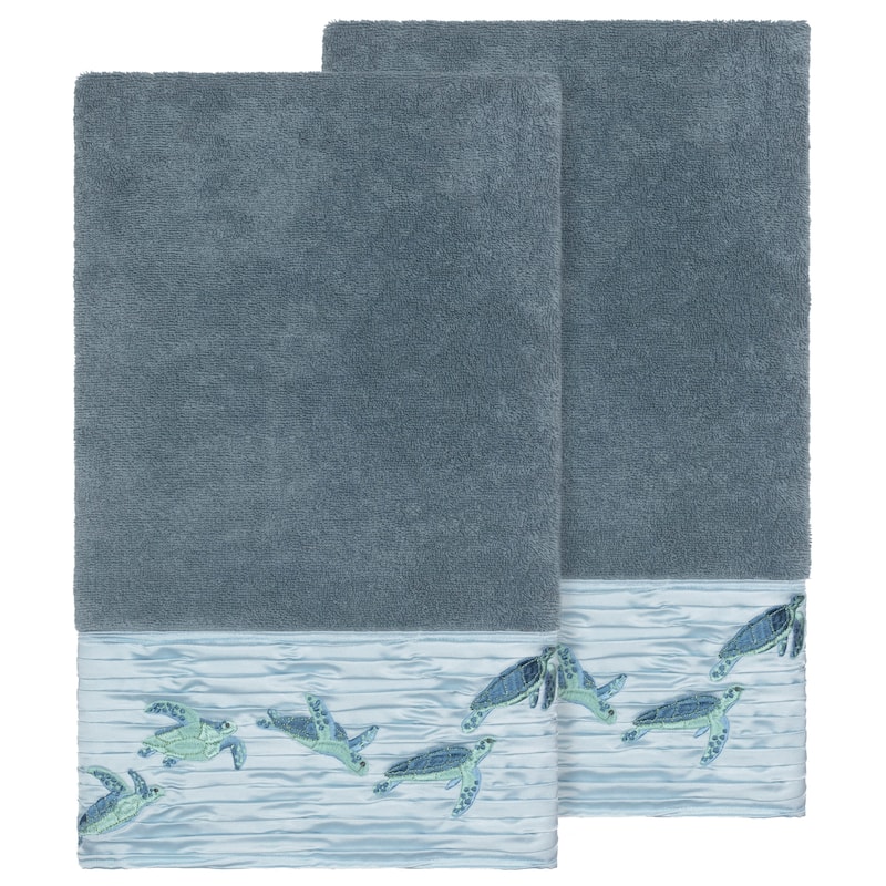 Authentic Hotel and Spa Turkish Cotton Turtles Embroidered Teal Blue 2-piece Bath Towel Set