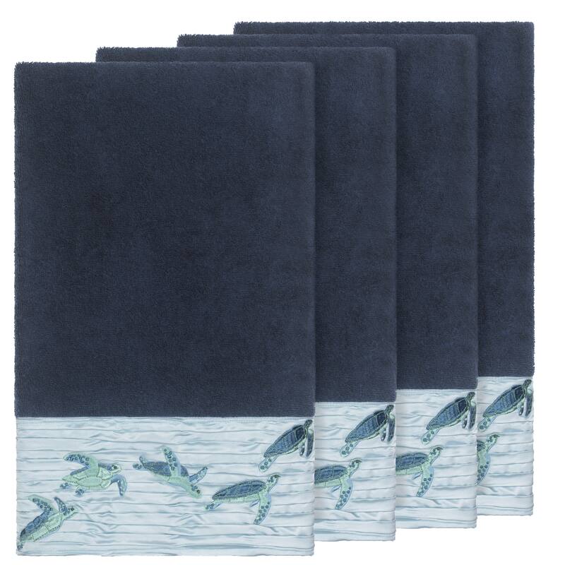 Authentic Hotel and Spa Turkish Cotton Turtles Embroidered Midnight Blue 4-piece Bath Towel Set - Navy Blue